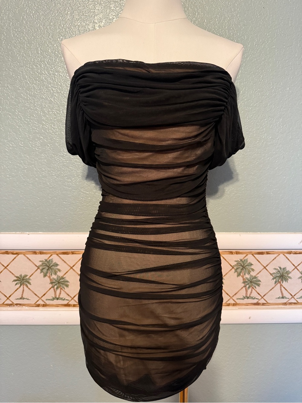 SHEIN Black Strapless Ruched Sheer Mini Dress